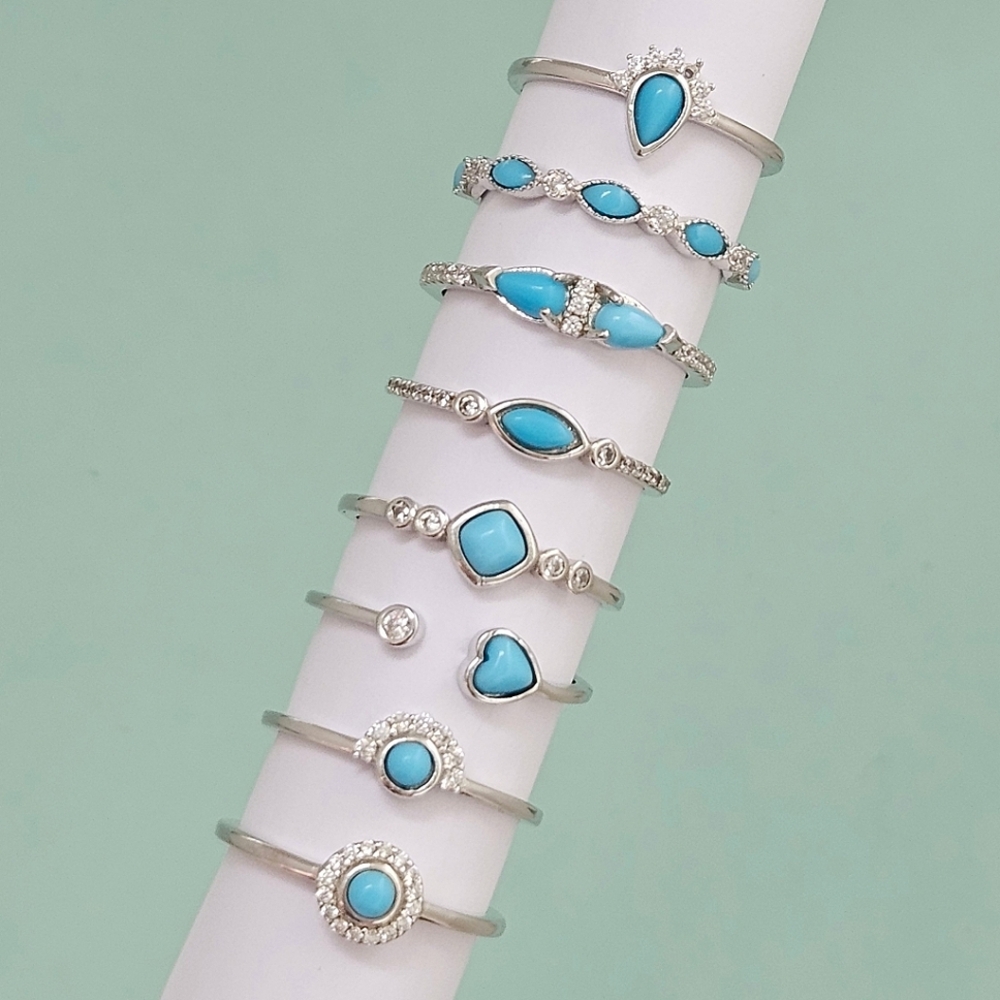 Dainty Sterling Silver ring set, turquoise enamel stone - 925 Sterling Silver